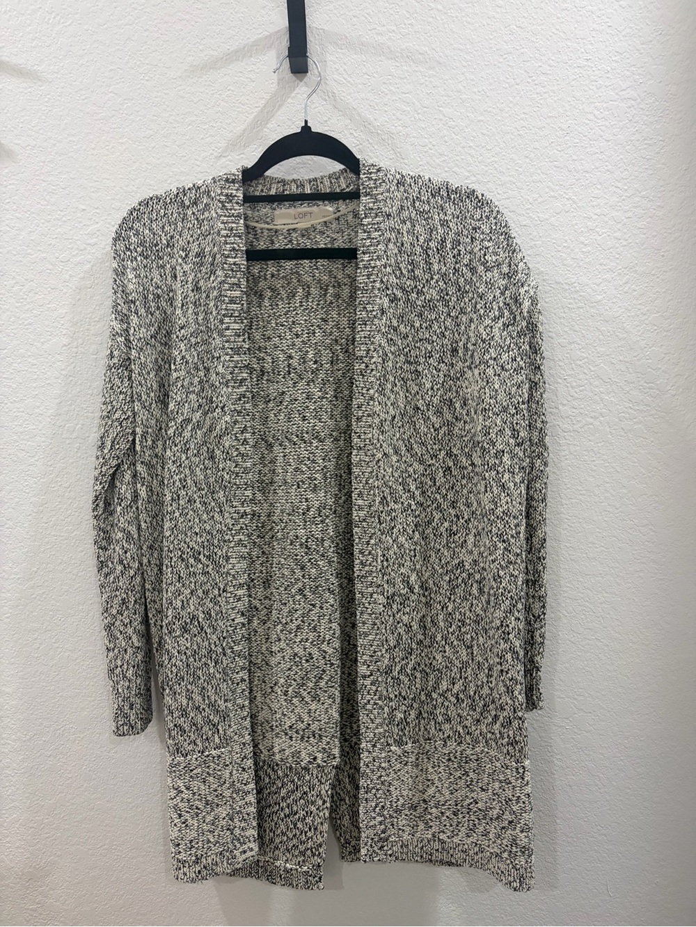 LOFT Black & White Marled Open-Front Cardigan